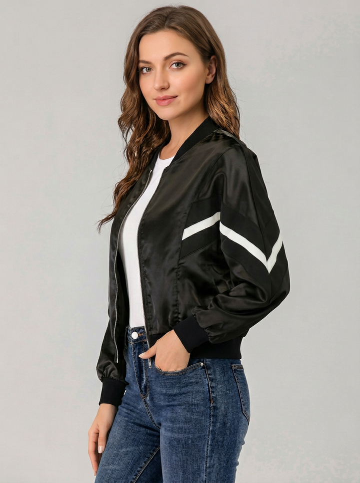 Damska Kurtka Bomber Cropped W Paski | Casual
