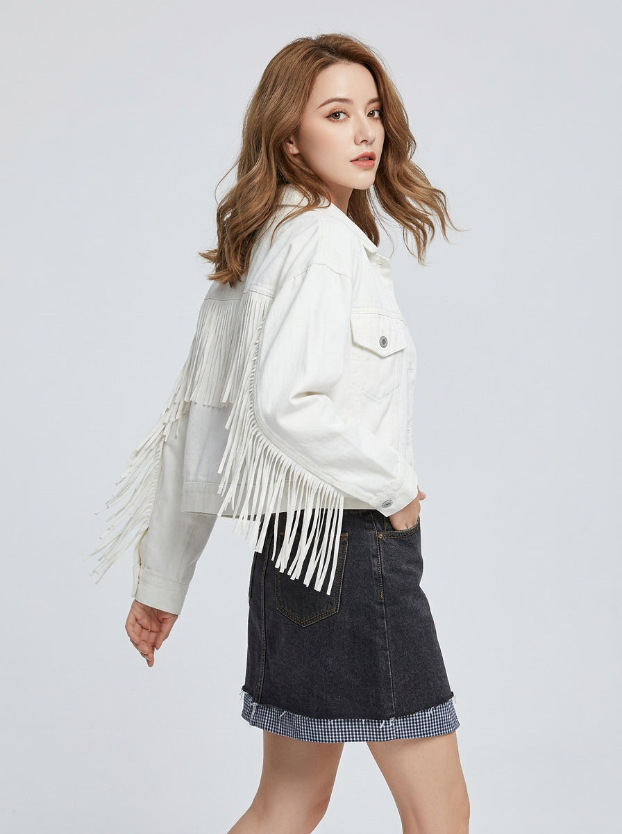Damska Kurtka Cropped Frędzle Z Tyłu | Casual