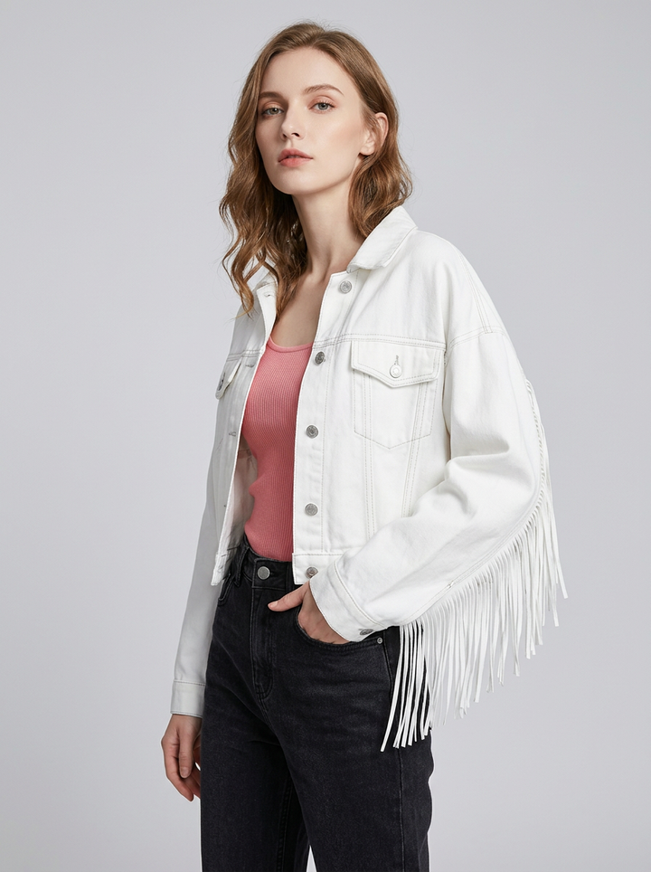Damska Kurtka Cropped Frędzle Z Tyłu | Casual