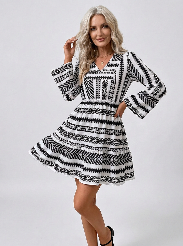 Damska Sukienka Mini Boho Długi Rękaw Falbanki | Vintage