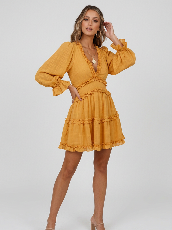 Damska Sukienka Mini V-neck Falbanki Długi Rękaw | Boho
