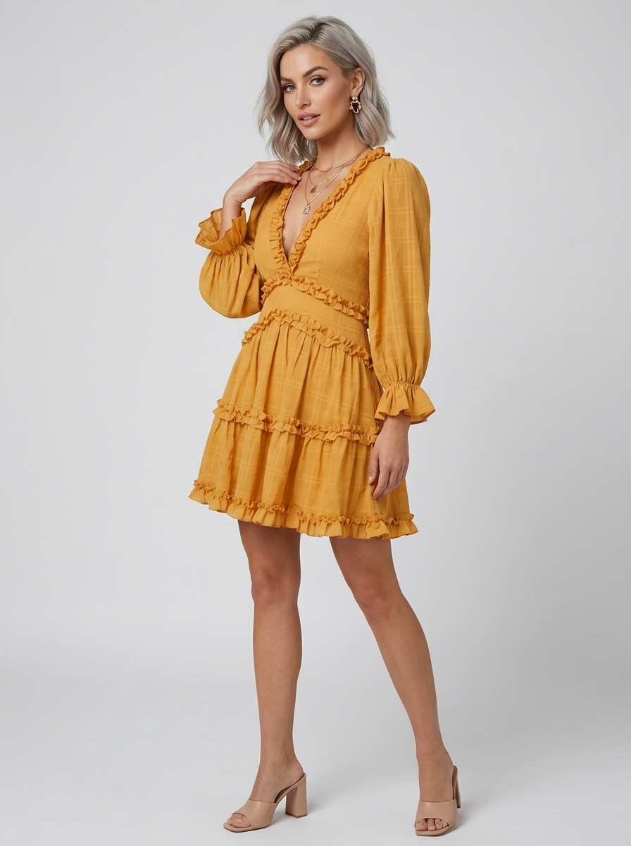 Damska Sukienka Mini V-neck Falbanki Długi Rękaw | Boho