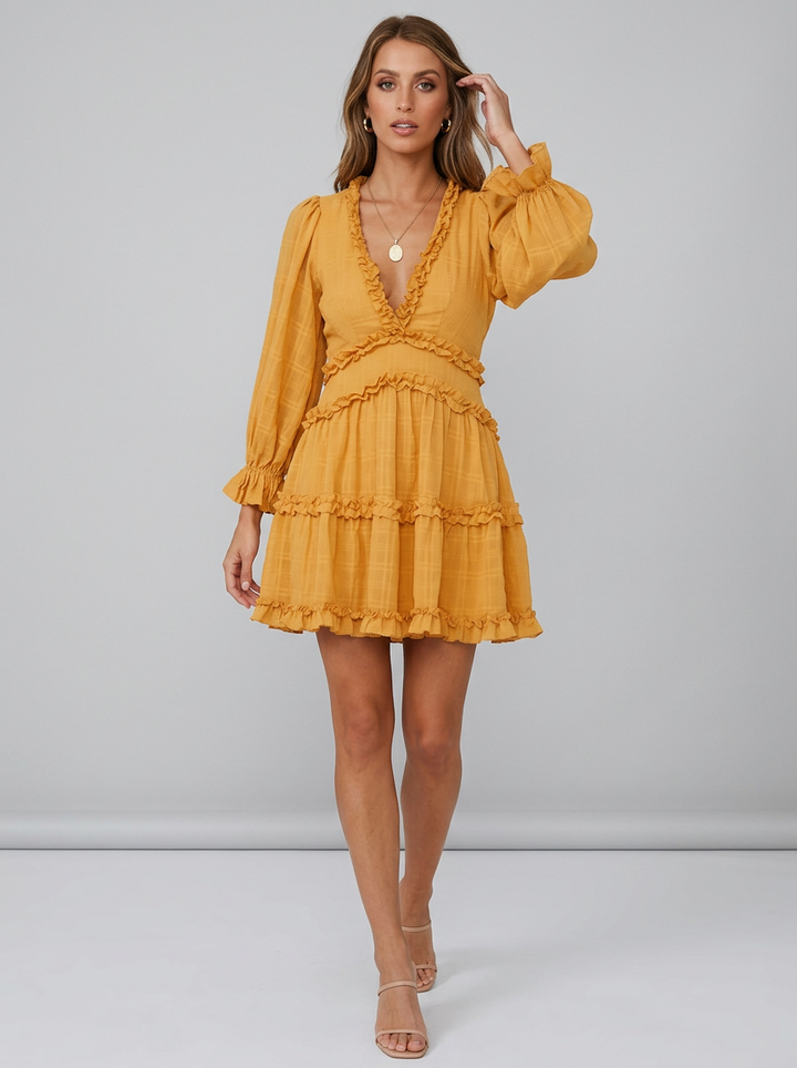 Damska Sukienka Mini V-neck Falbanki Długi Rękaw | Boho