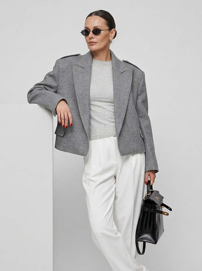 Damski Płaszcz Cropped Poduszowane Ramiona Oversized | Praca