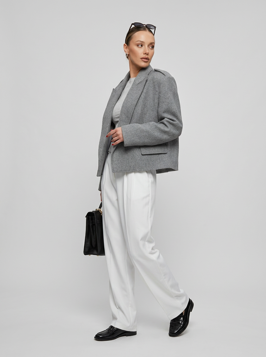 Damski Płaszcz Cropped Poduszowane Ramiona Oversized | Praca