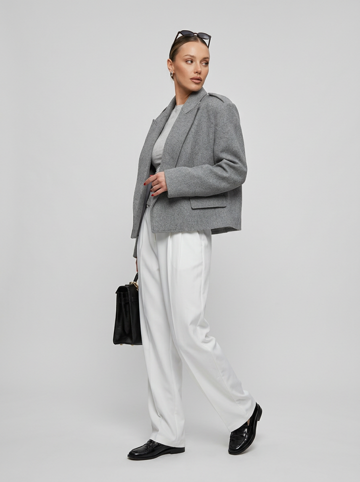 Damski Płaszcz Cropped Poduszowane Ramiona Oversized | Praca