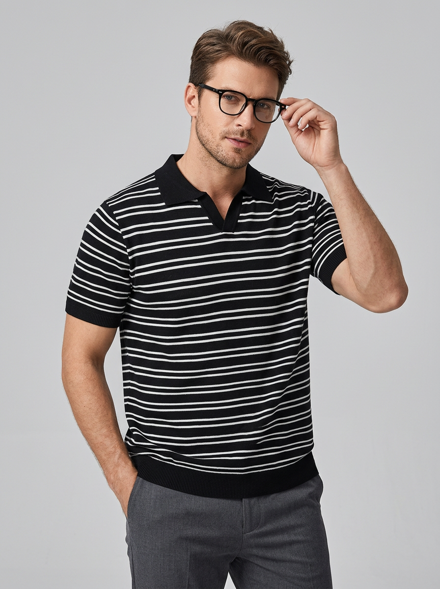 Męska Koszulka Polo W Paski Krótki Rękaw | Casual