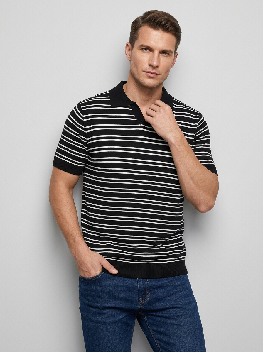 Męska Koszulka Polo W Paski Krótki Rękaw | Casual