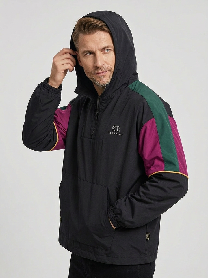 Męska Kurtka Z Kapturem Anorak Kolorowa Pół Zamek | Casual