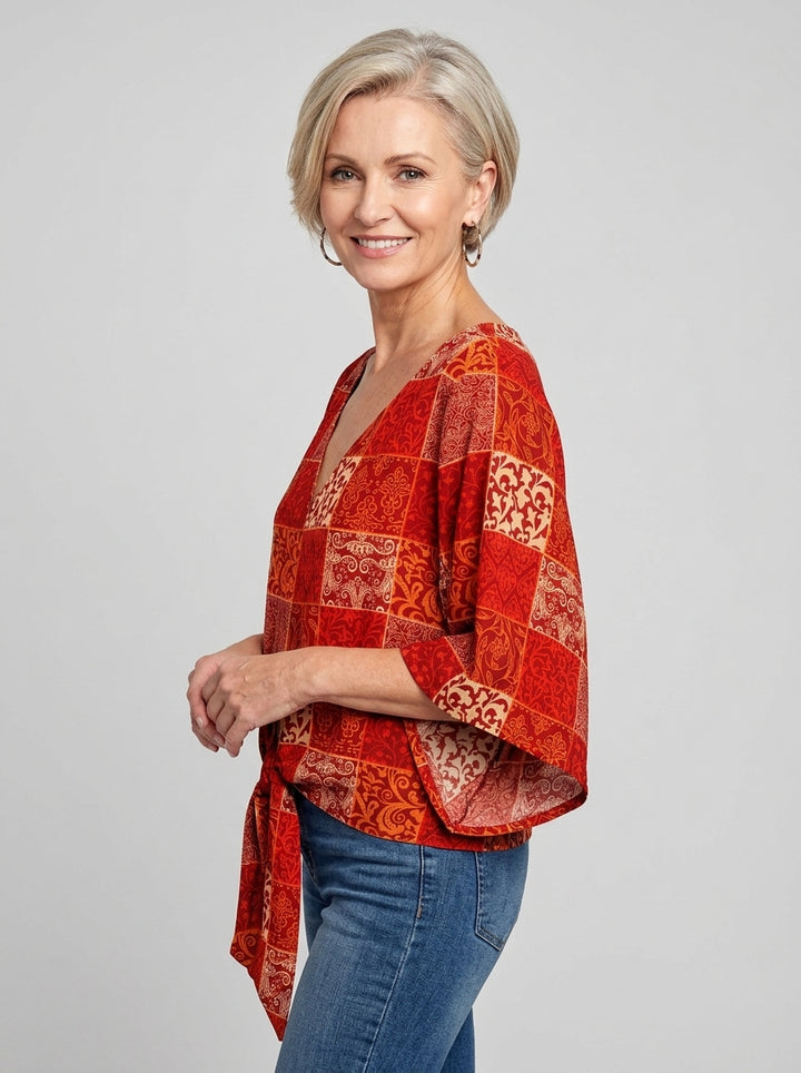 Damska Bluzka V-neck Wiązana Wzorzysta | Lato