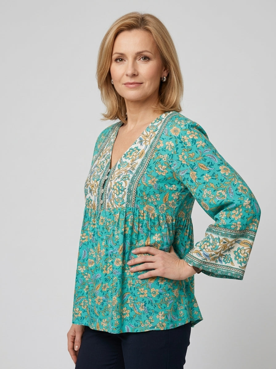 Damska Bluzka Boho Kwiatowa V-neck Długi Rękaw | Lato