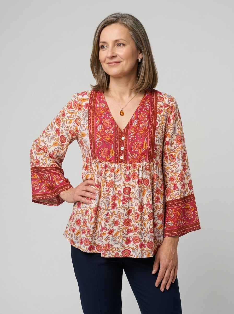 Damska Bluzka Boho Kwiatowa V-neck Długi Rękaw | Lato