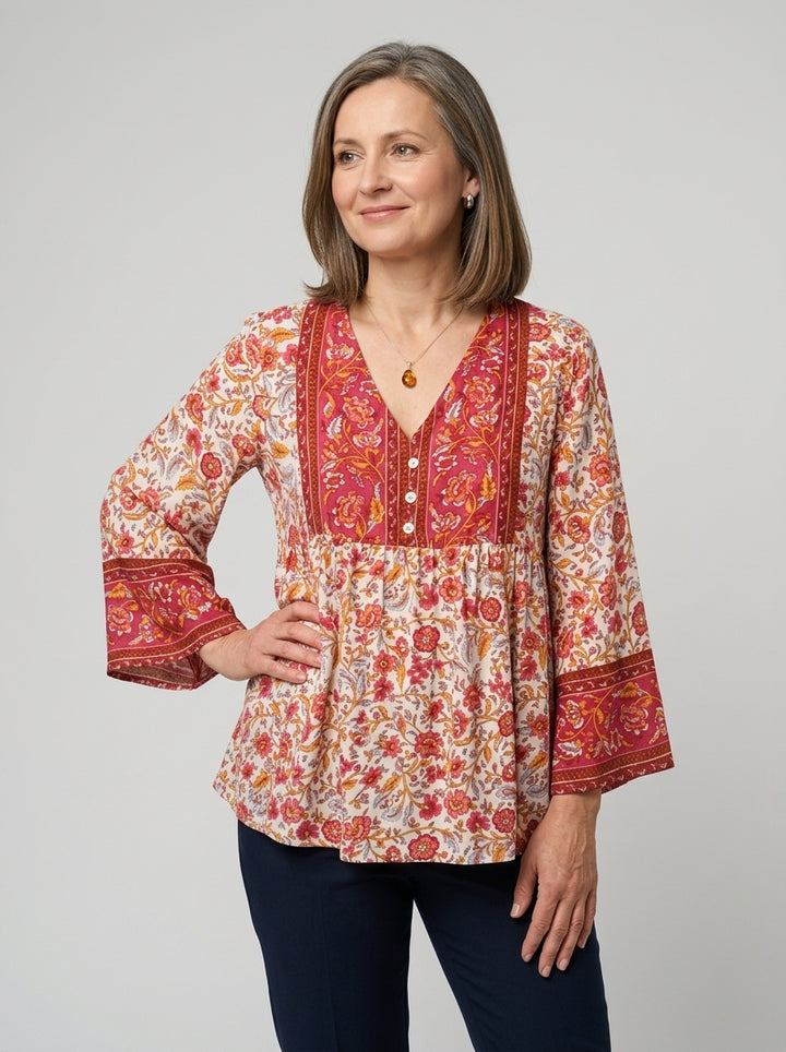 Damska Bluzka Boho Kwiatowa V-neck Długi Rękaw | Lato