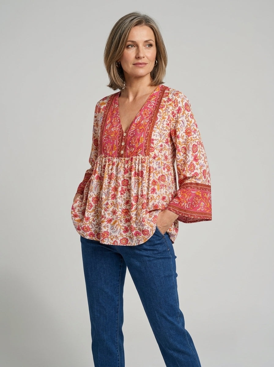 Damska Bluzka Boho Kwiatowa V-neck Długi Rękaw | Lato