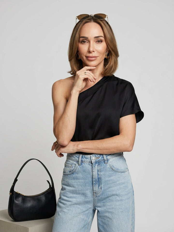 Damski Top Asymetryczny Jedno Ramię Krótki Rękaw | Casual