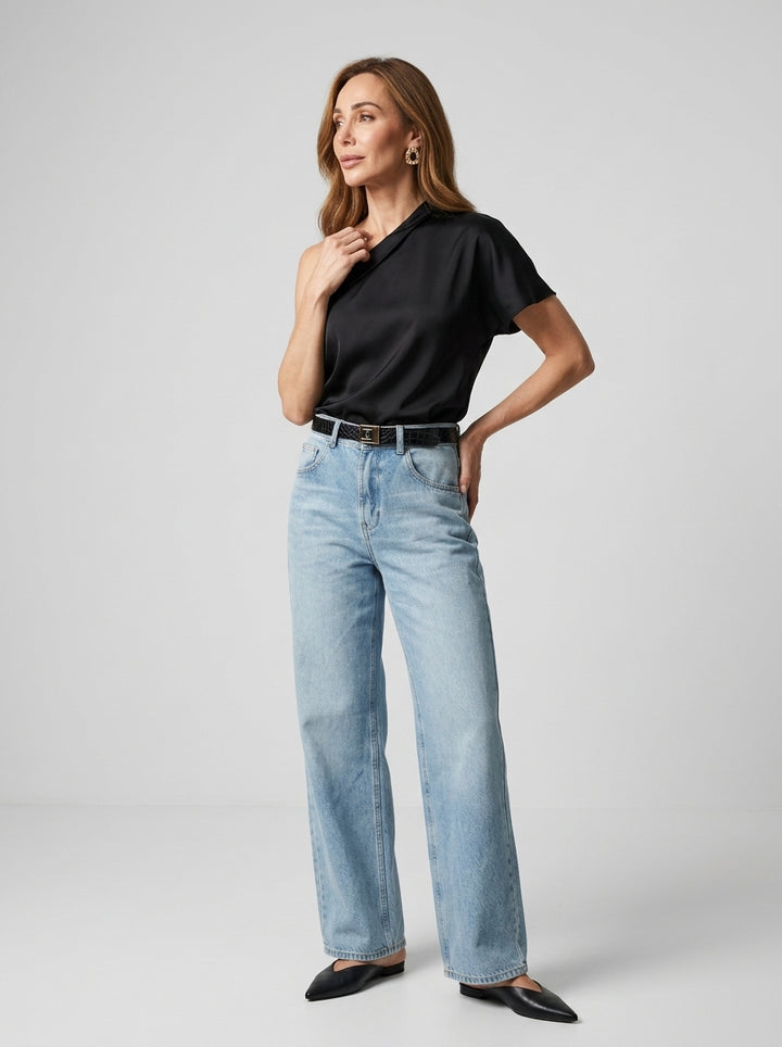 Damski Top Asymetryczny Jedno Ramię Krótki Rękaw | Casual